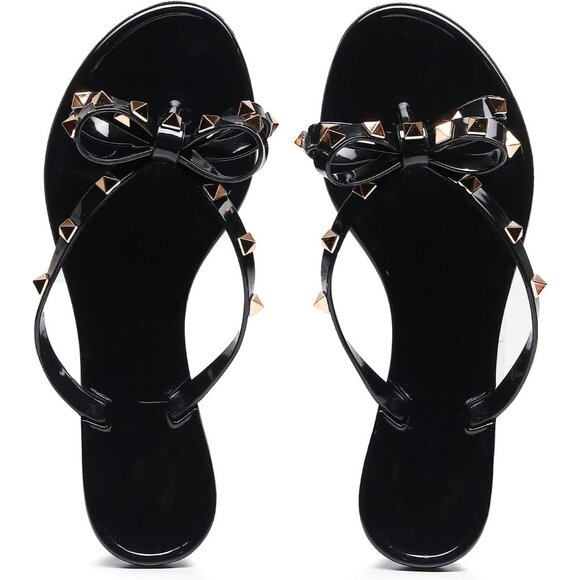 Women’s Black Flat Jelly Flip Flops with Bow and Rivets Summer Beach Sandals - Picture 4 of 9